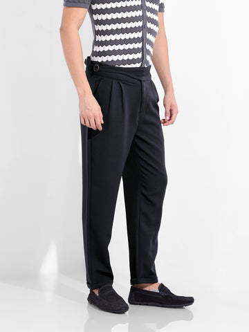 Men's Navy Blue Regular Fit Solid Casual Trousers