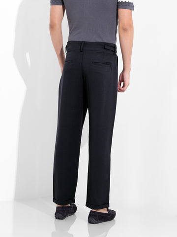 Men's Navy Blue Regular Fit Solid Casual Trousers