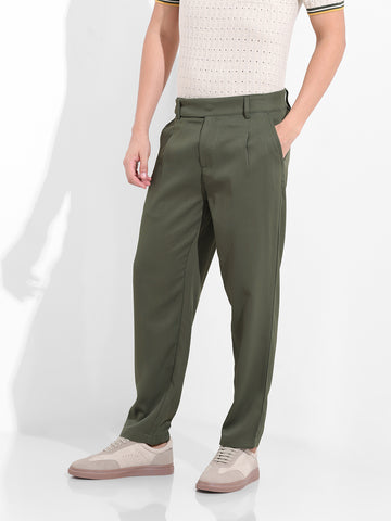 Men's Earthy Green Regular Fit Solid Casual Trousers