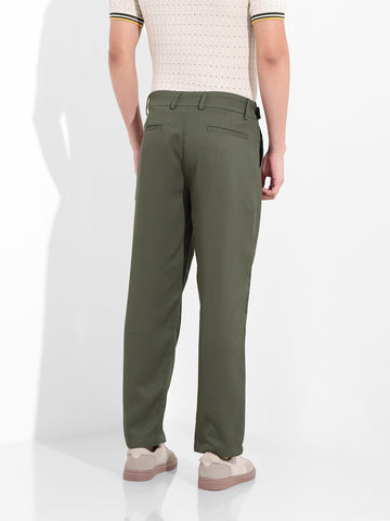 Men's Earthy Green Regular Fit Solid Casual Trousers