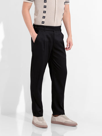 Men's Black Regular Fit Solid Casual Trousers