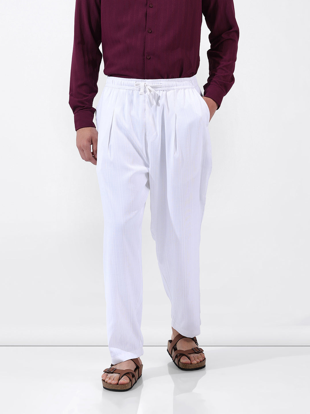 Men's White Loose Fit Resort Wear Trousers