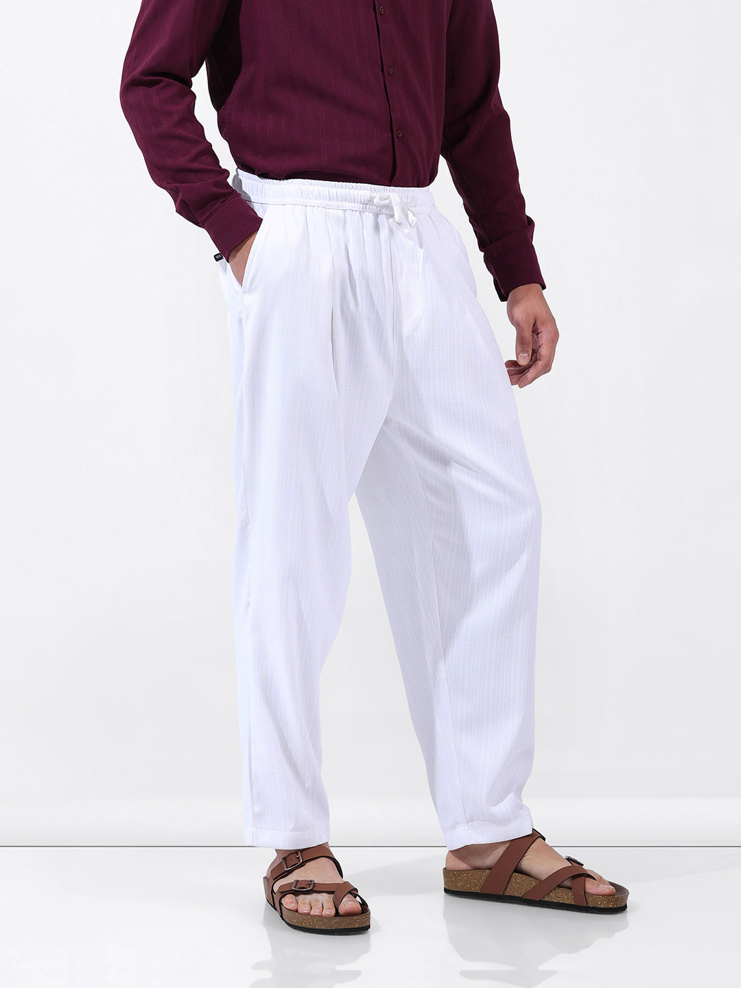 Men's White Loose Fit Resort Wear Trousers
