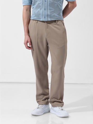 Men's Beige Regular Fit Casual Trousers