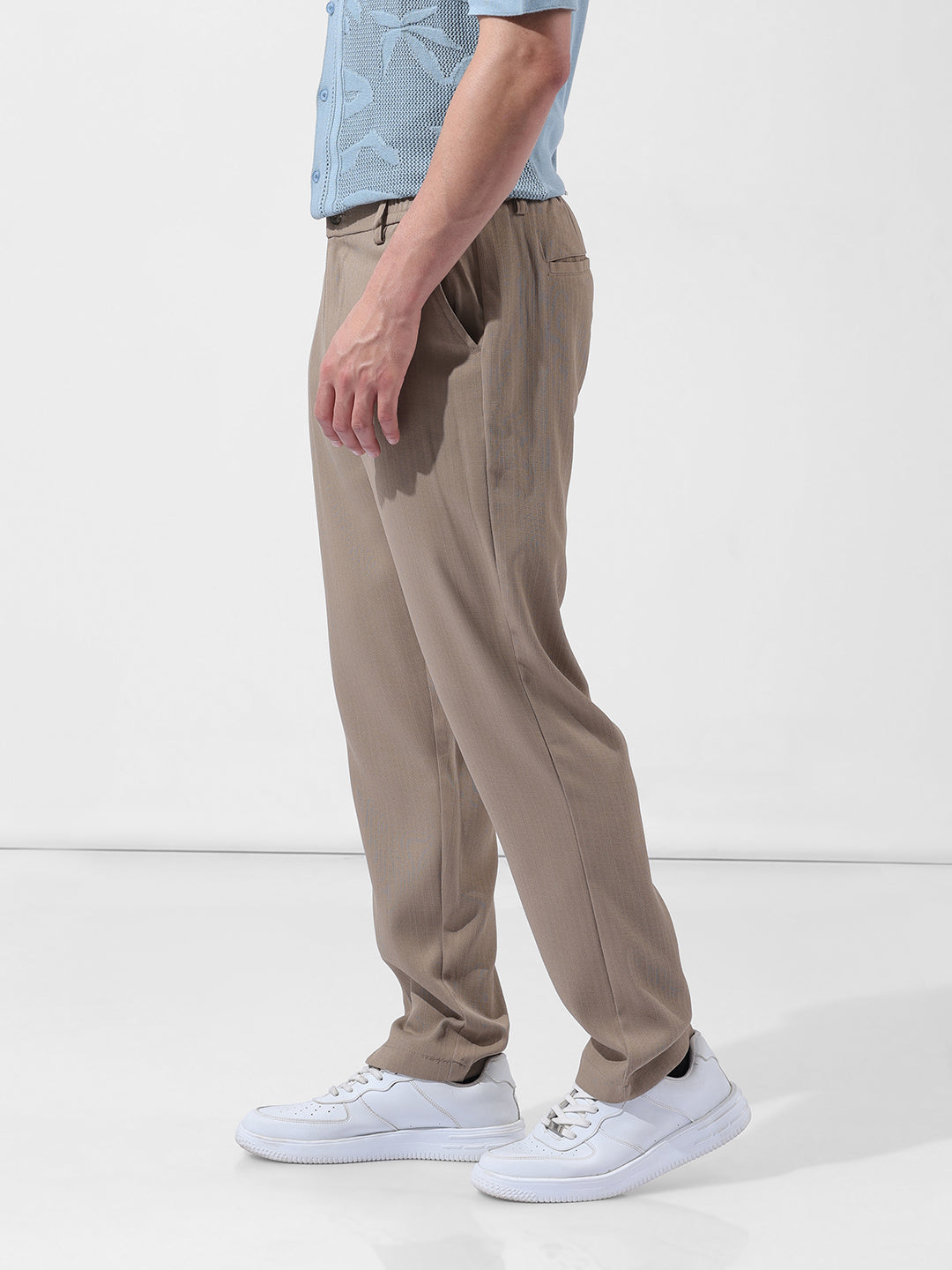 Men's Beige Regular Fit Casual Trousers