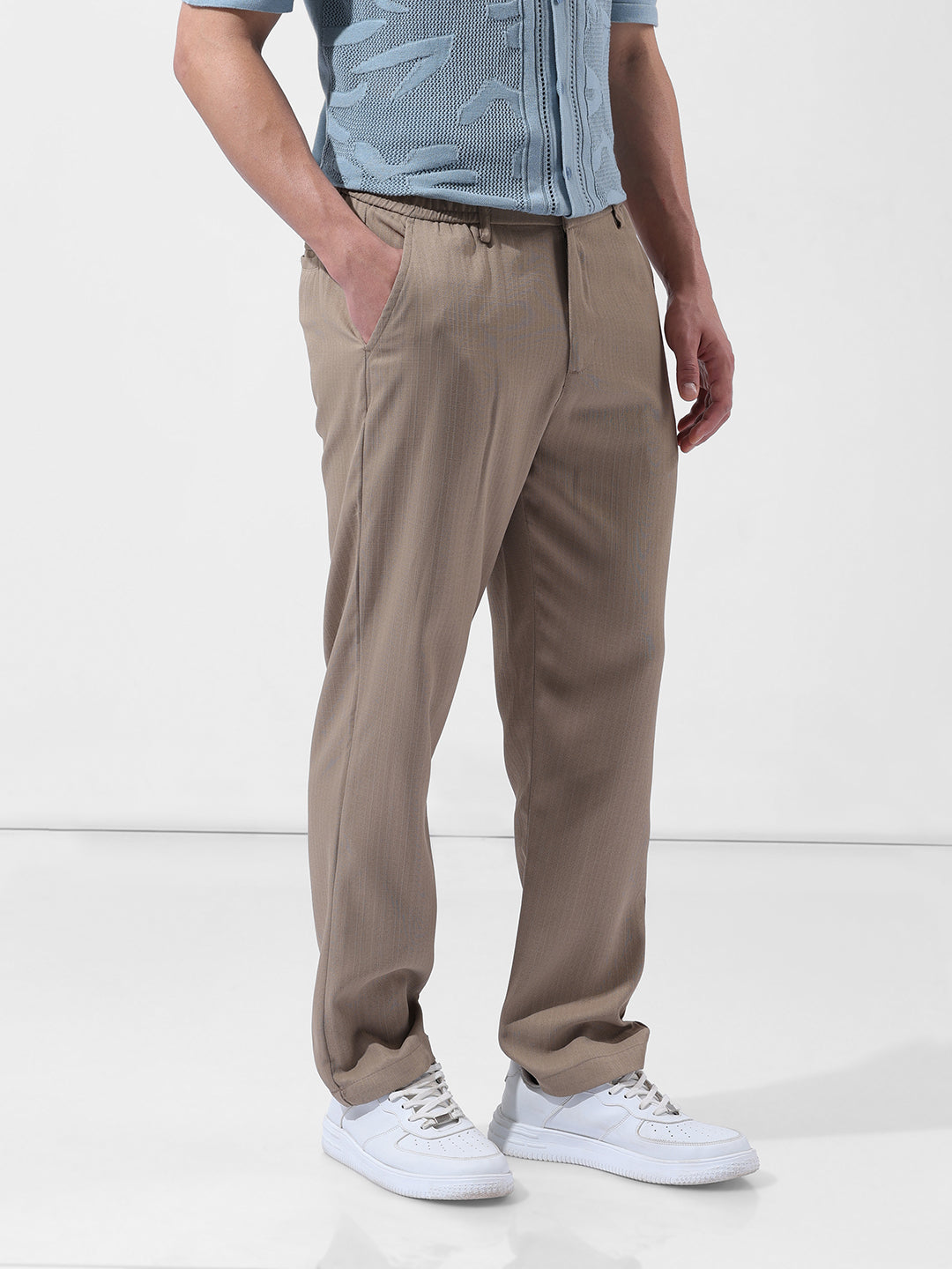 Men's Beige Regular Fit Casual Trousers