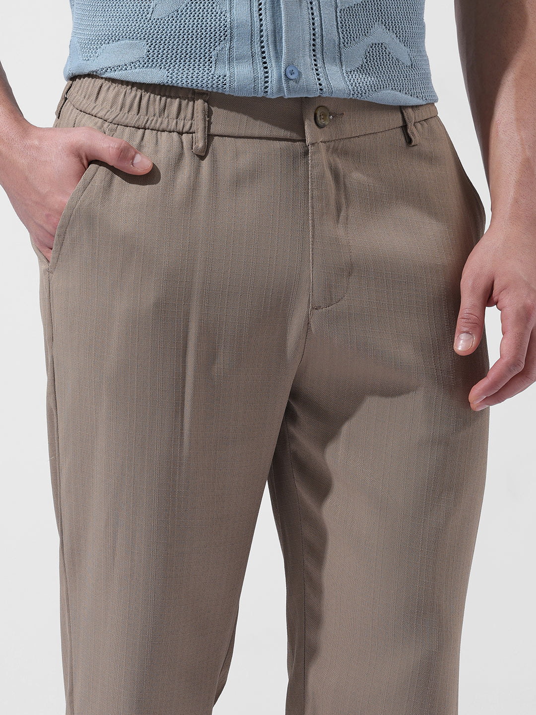 Men's Beige Regular Fit Casual Trousers