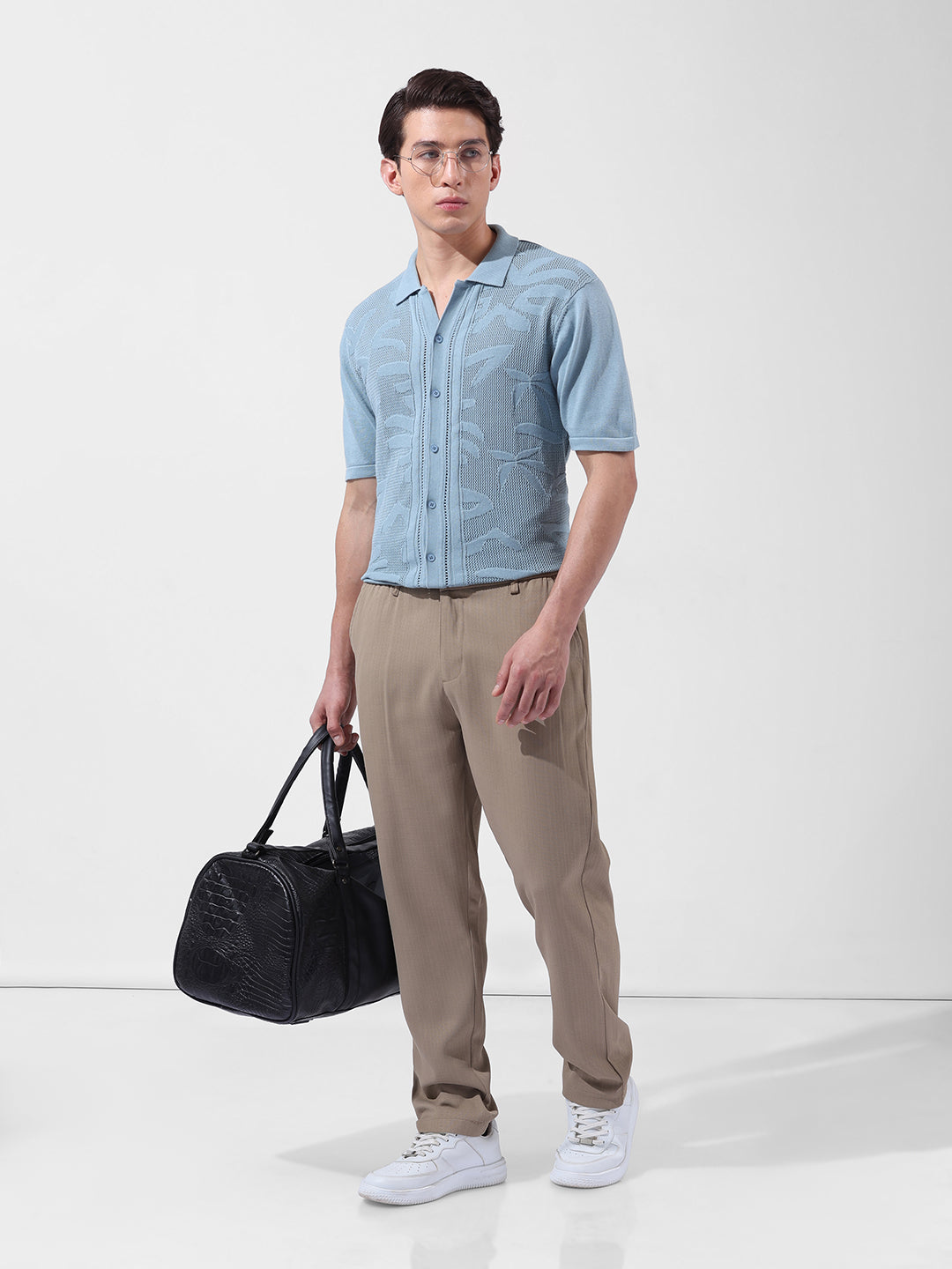 Men's Beige Regular Fit Casual Trousers