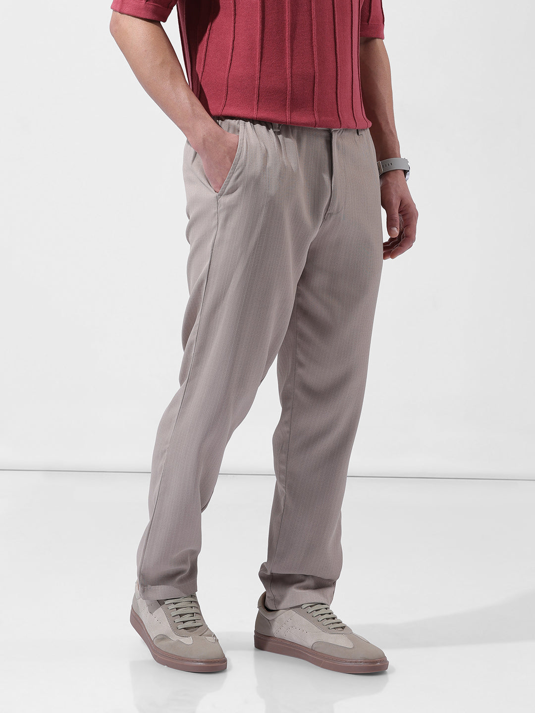Men's Grey Regular Fit Casual Trousers