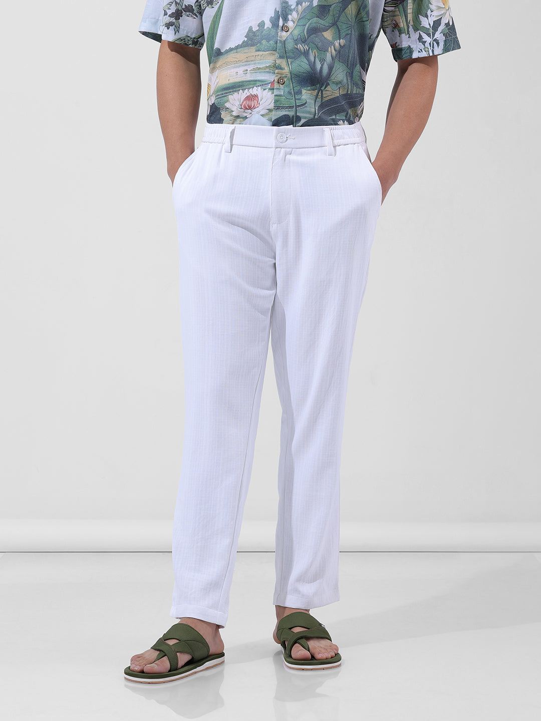 Men's White Regular Fit Casual Trousers