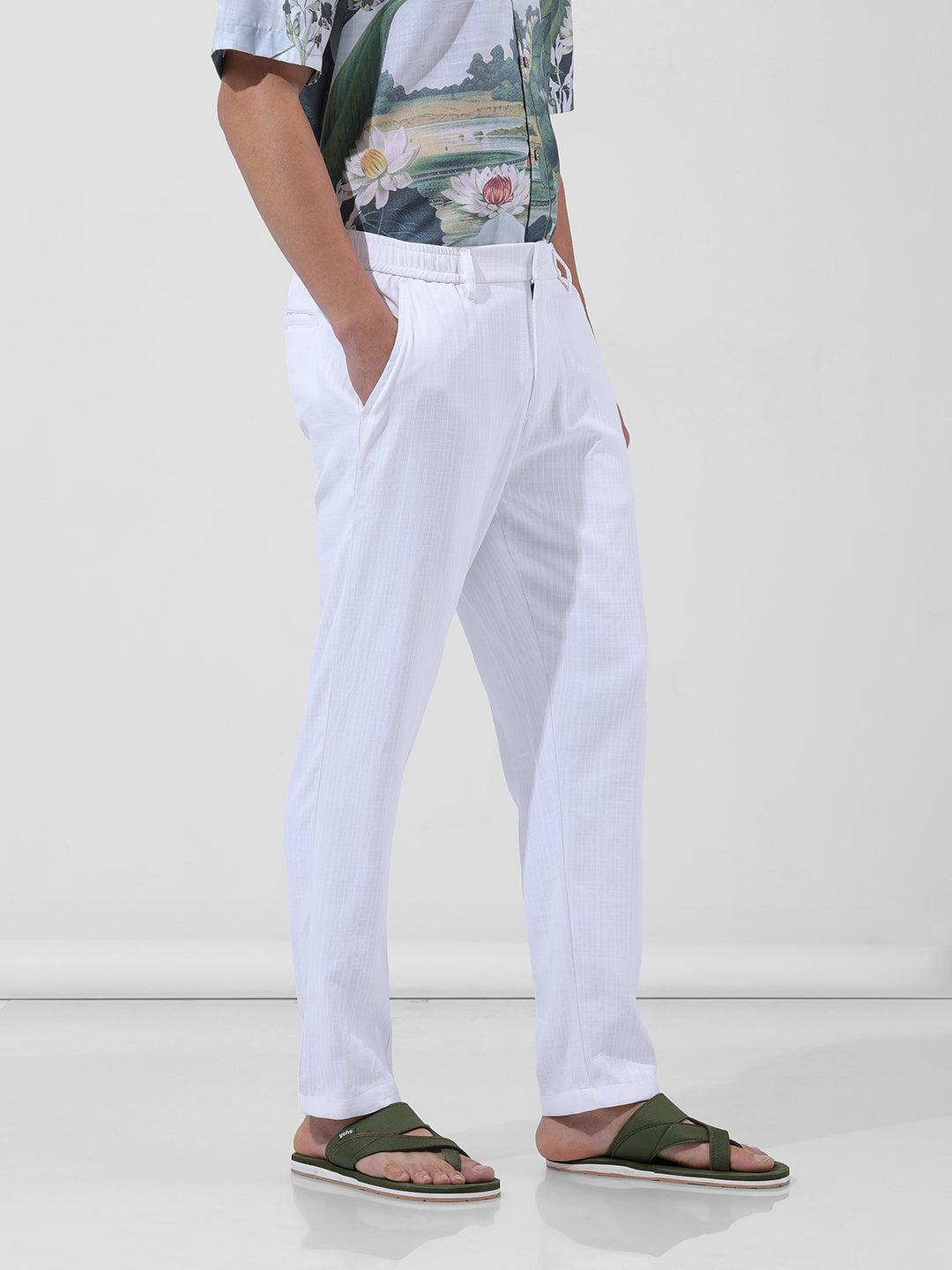 Men's White Regular Fit Casual Trousers