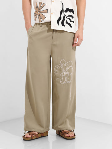 Men's Earthy Green Regular Fit Embroided Retro Joggers