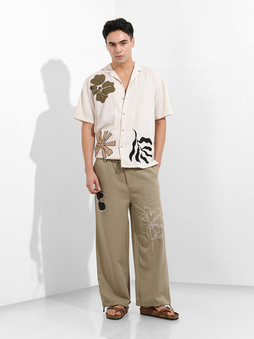 Men's Earthy Green Regular Fit Embroided Retro Joggers