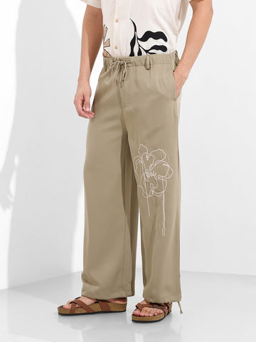 Men's Earthy Green Regular Fit Embroided Retro Joggers