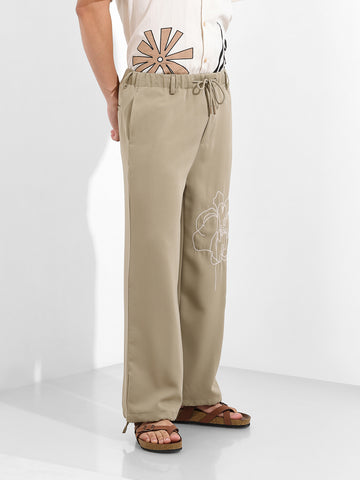 Men's Earthy Green Regular Fit Embroided Retro Joggers