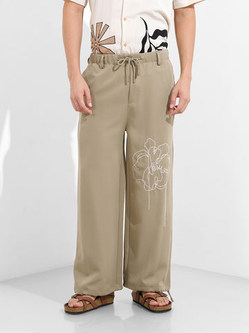 Men's Earthy Green Regular Fit Embroided Retro Joggers