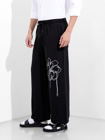 Men's Black Regular Fit Embroided Retro Joggers