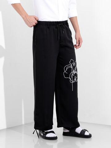 Men's Black Regular Fit Embroided Retro Joggers