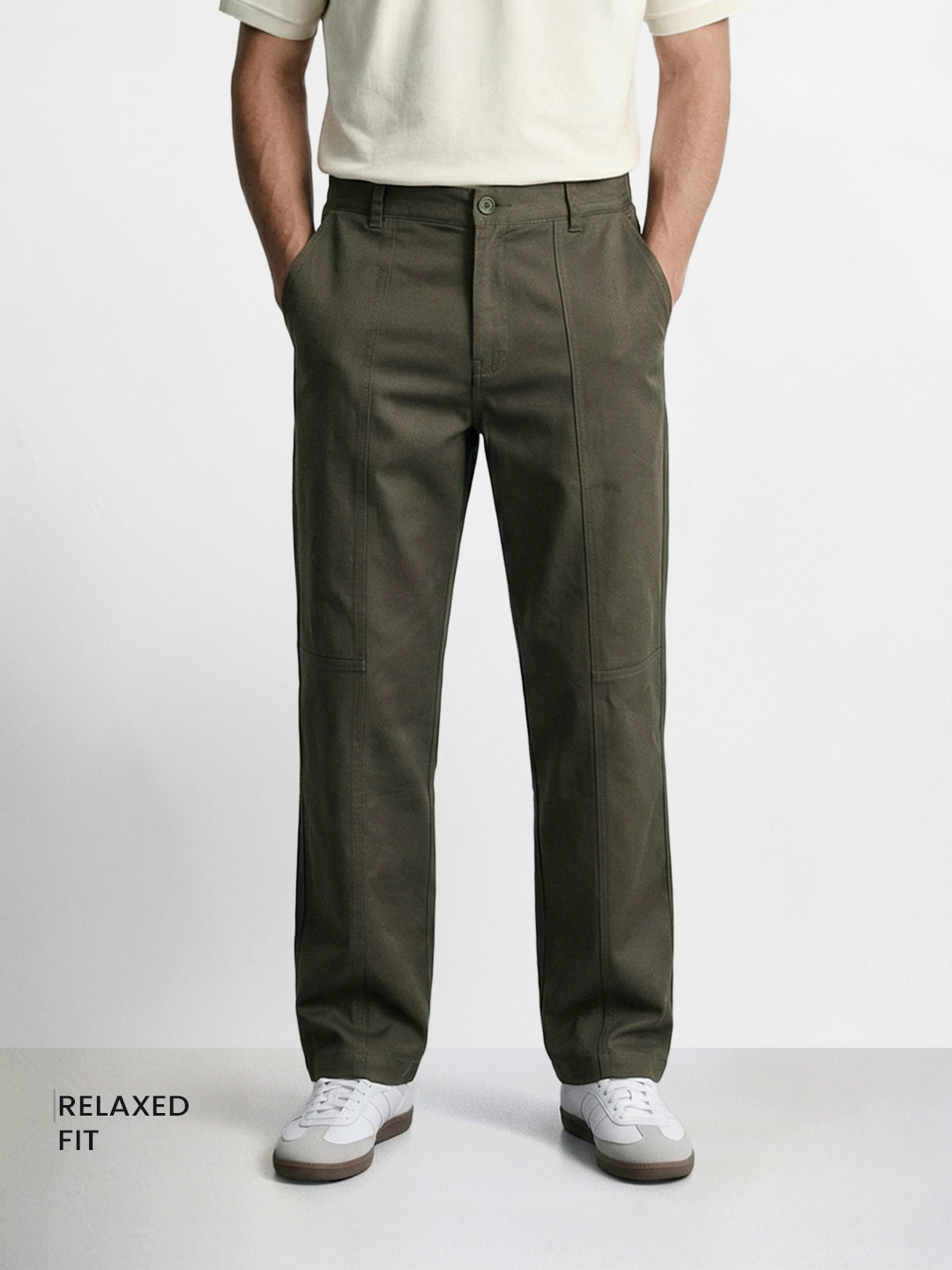 Men's Olive Relaxed Fit Solid Casual Trousers