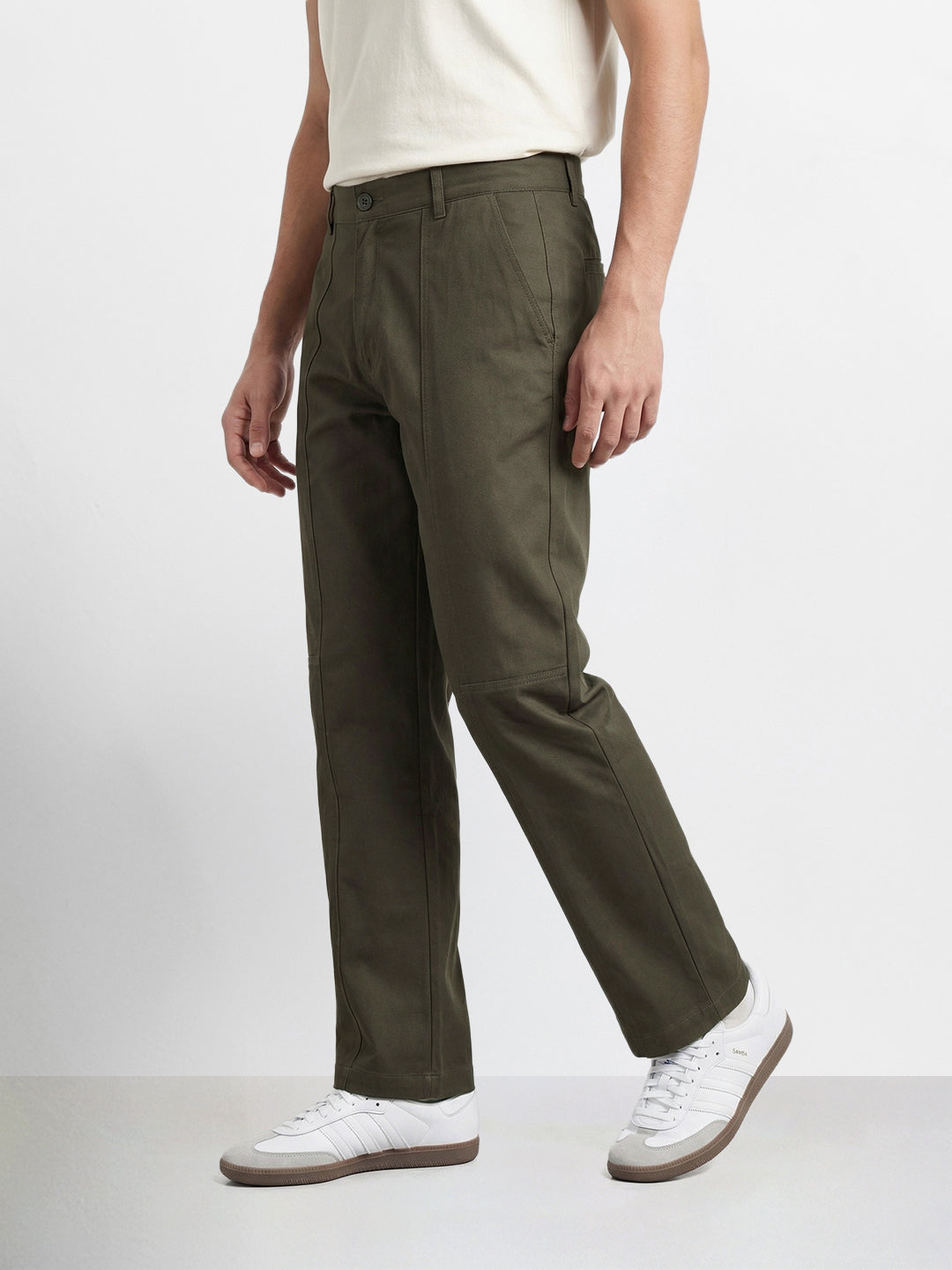 Men's Olive Relaxed Fit Solid Casual Trousers