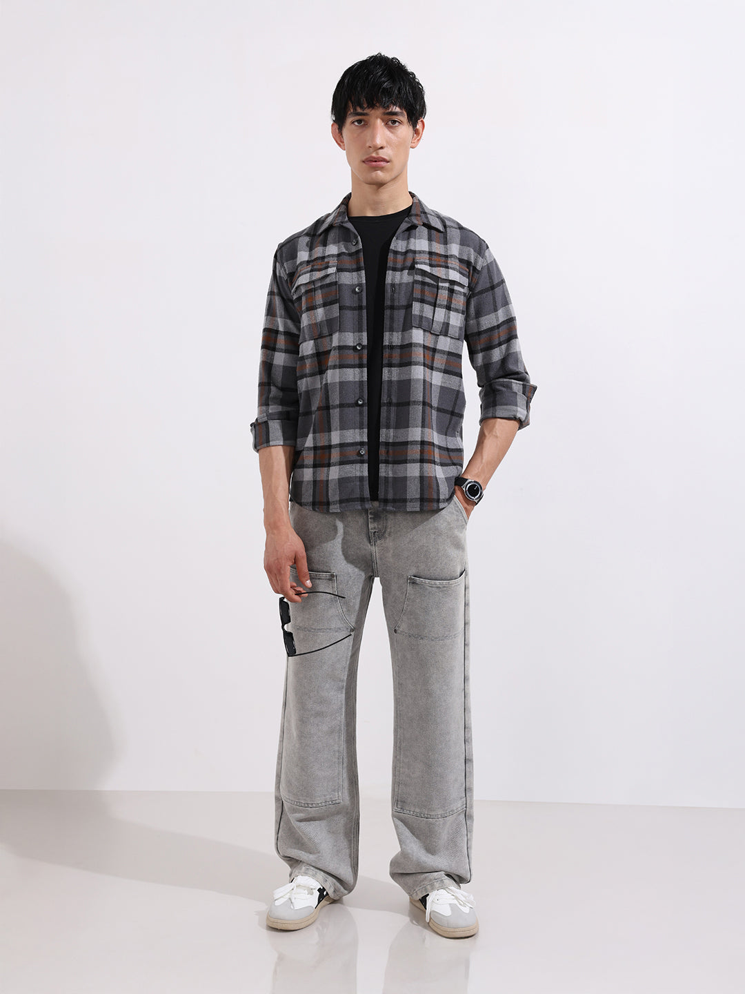 Men's Grey Regular Fit Casual Checked Shirt