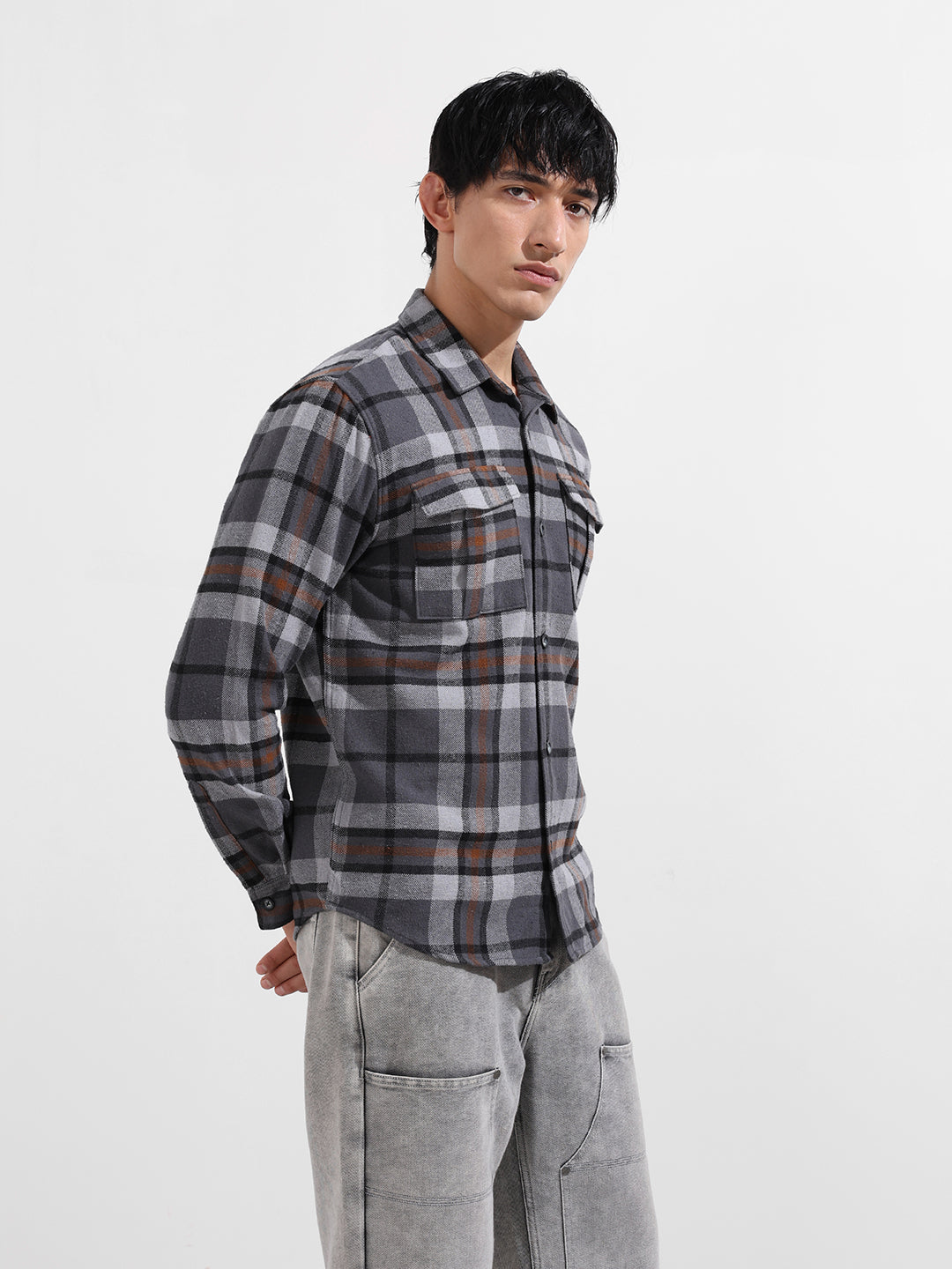 Men's Grey Regular Fit Casual Checked Shirt