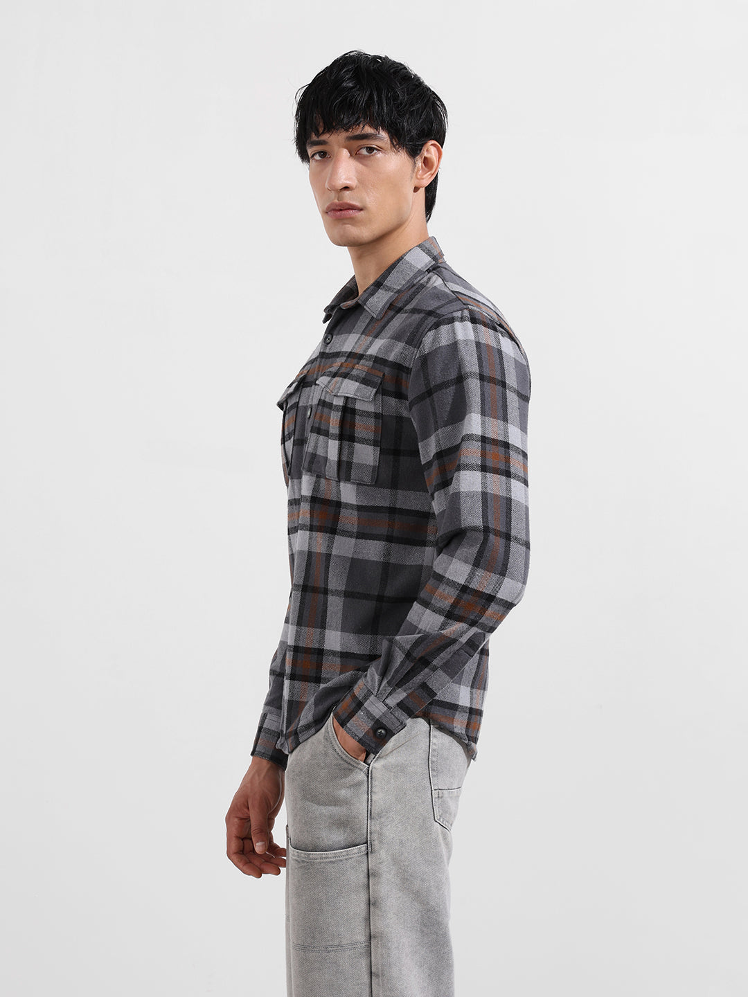 Men's Grey Regular Fit Casual Checked Shirt