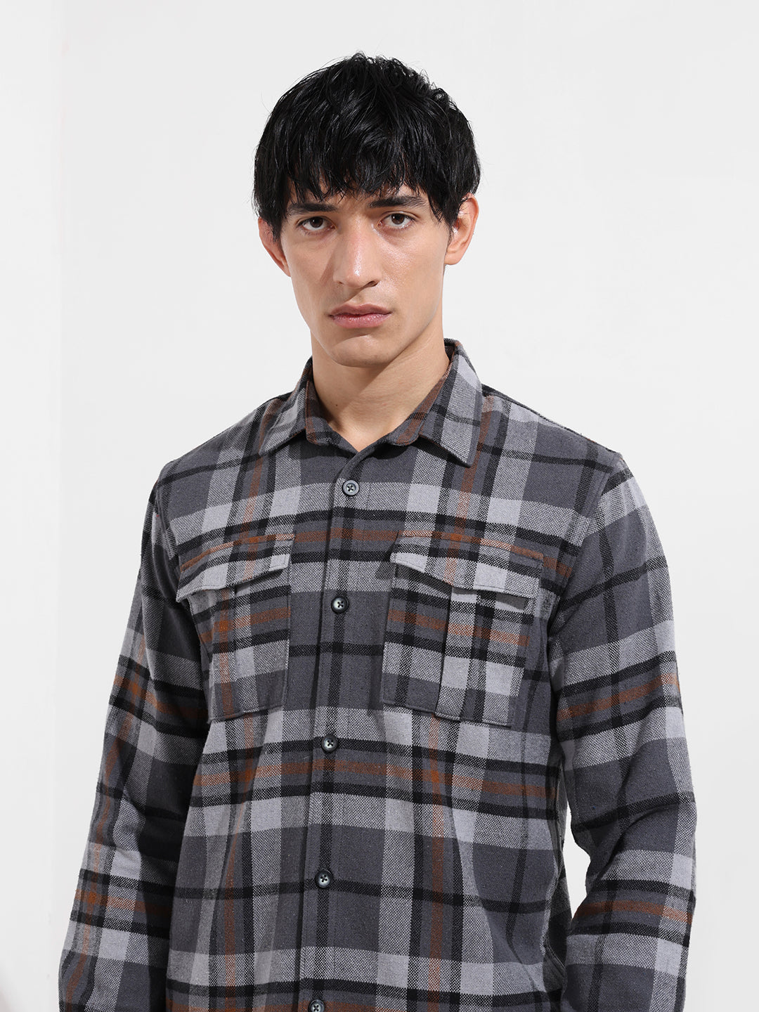 Men's Grey Regular Fit Casual Checked Shirt