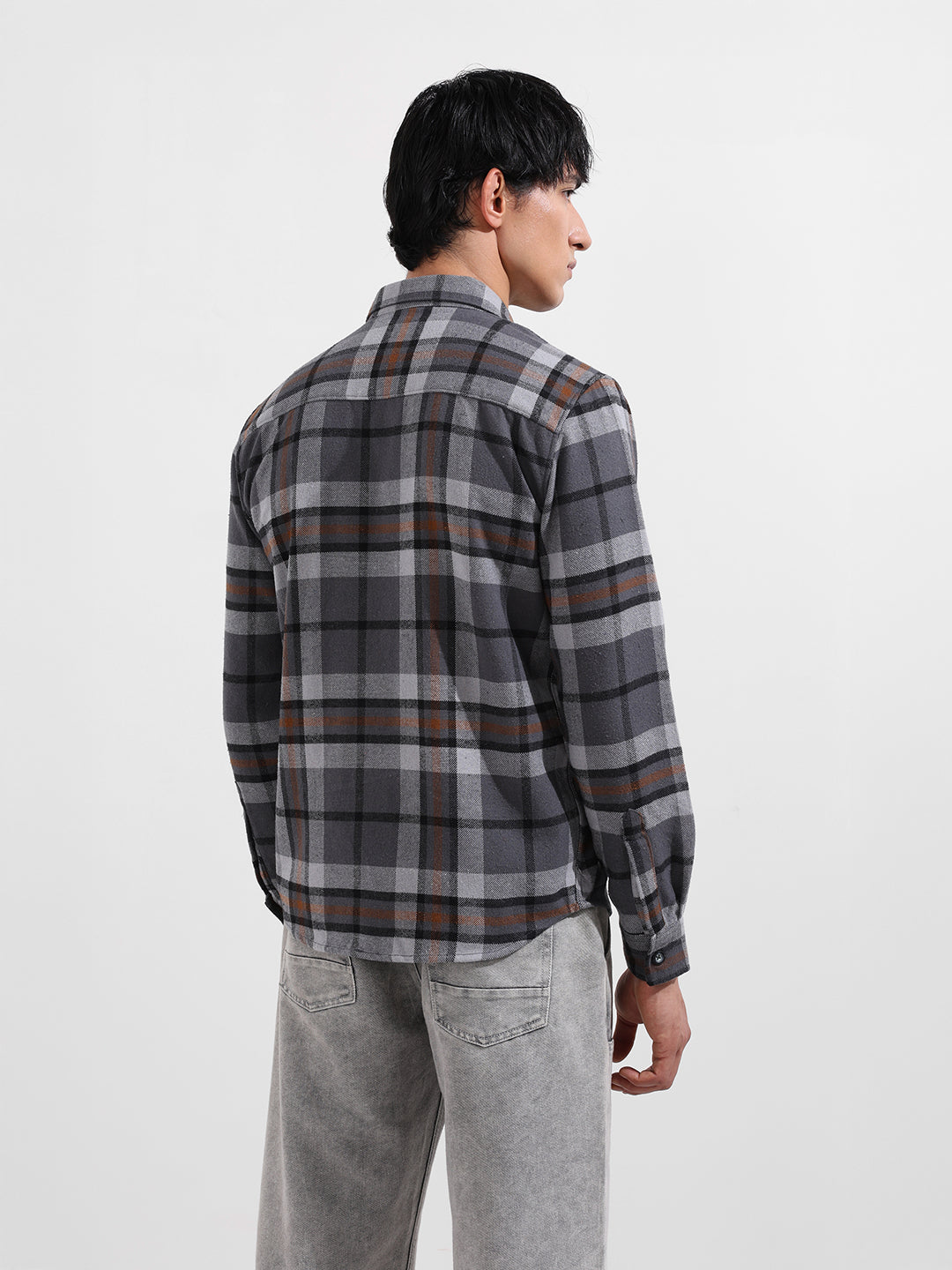 Men's Grey Regular Fit Casual Checked Shirt