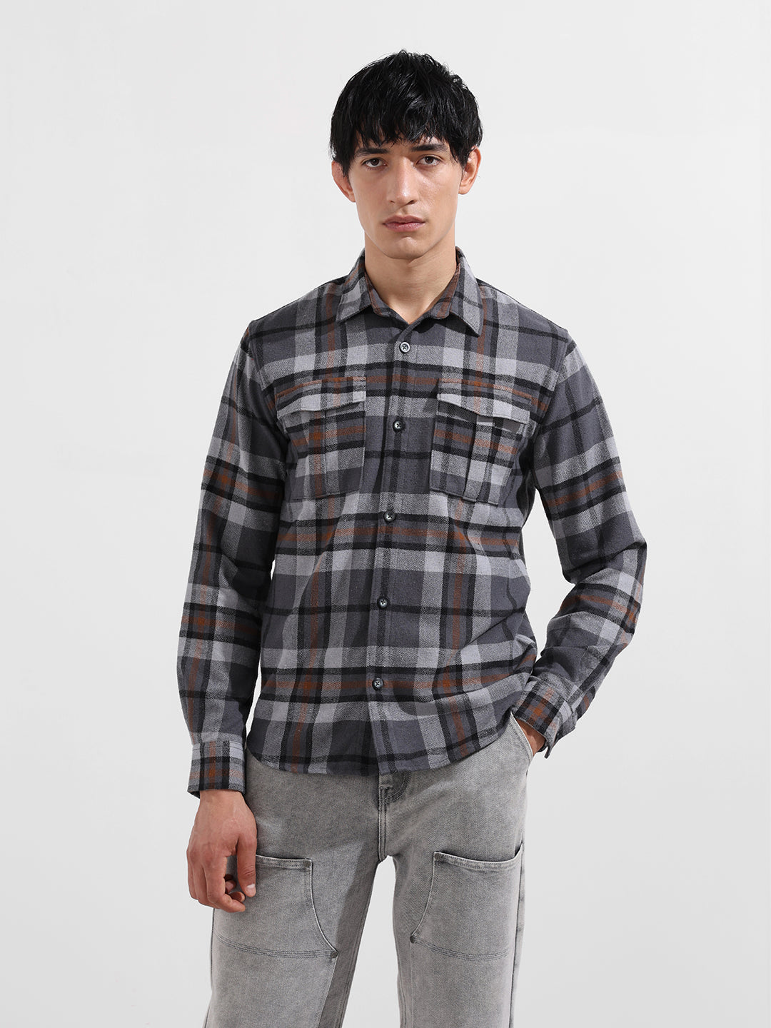 Men's Grey Regular Fit Casual Checked Shirt