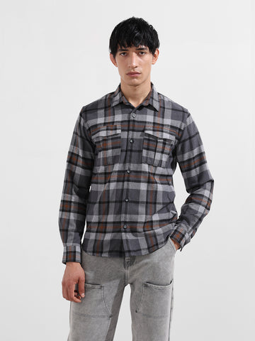 Men's Grey Regular Fit Casual Checked Shirt
