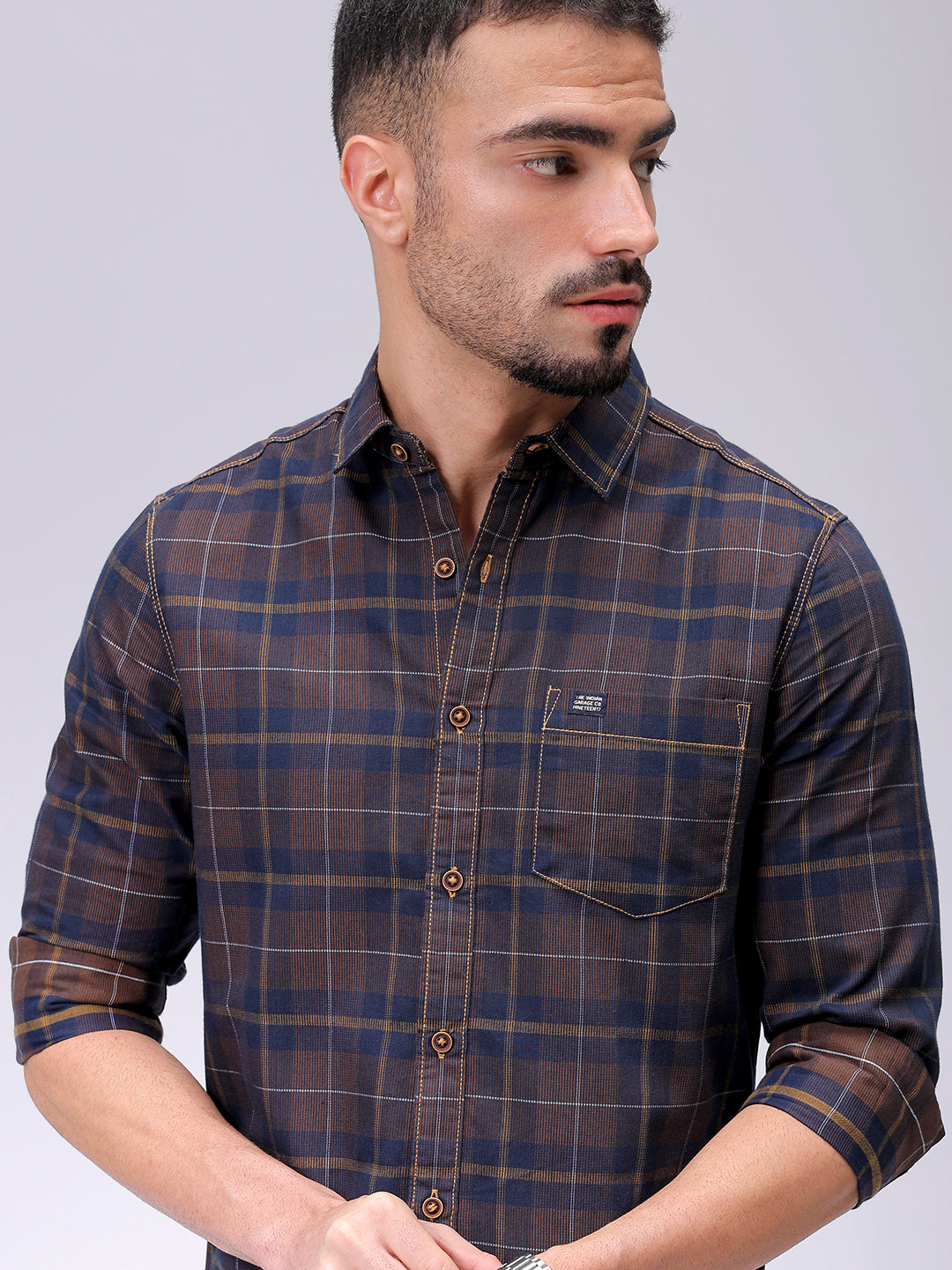 Men's Brown Slim Fit Checked Casual Shirt