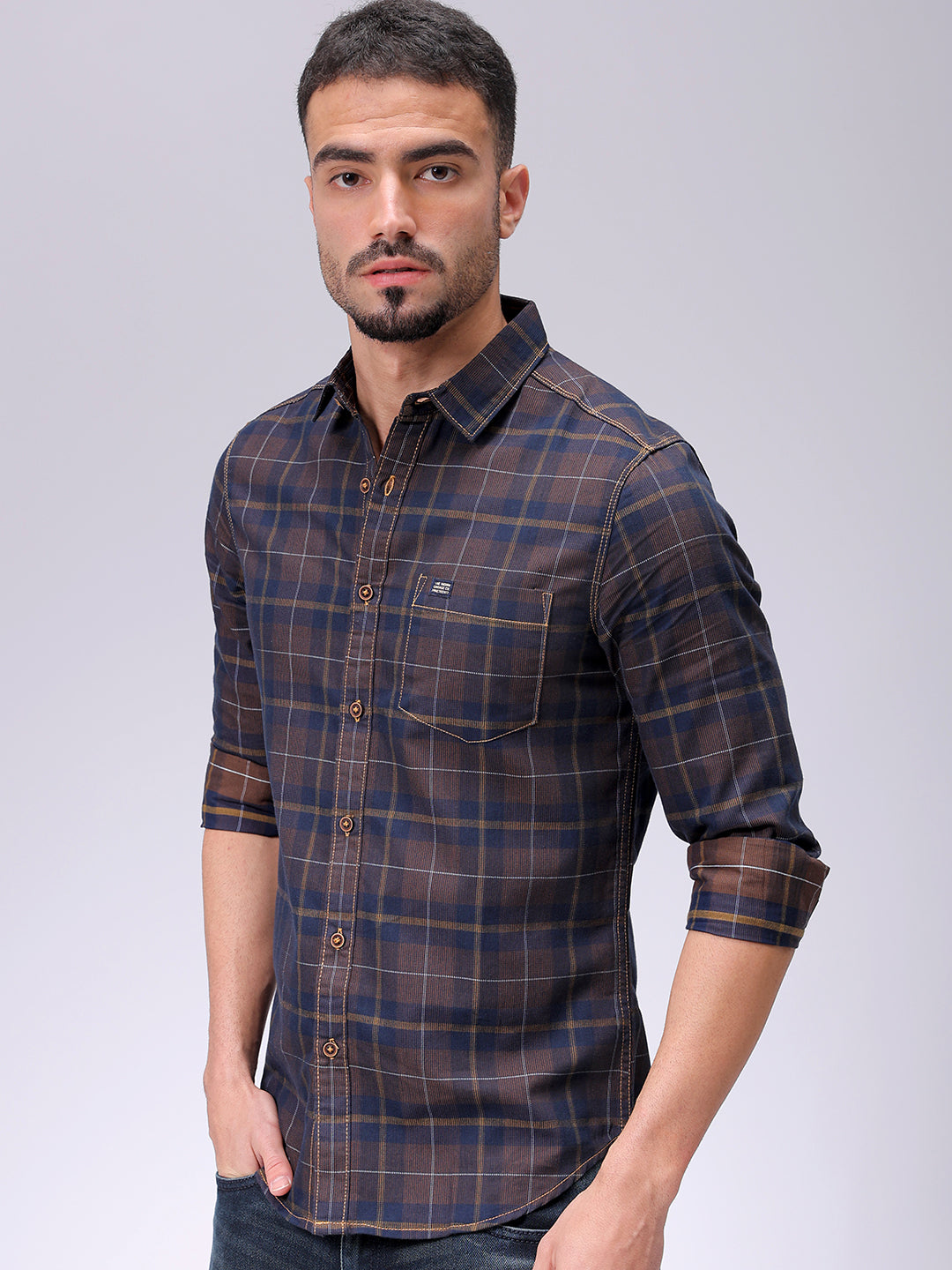 Men's Brown Slim Fit Checked Casual Shirt