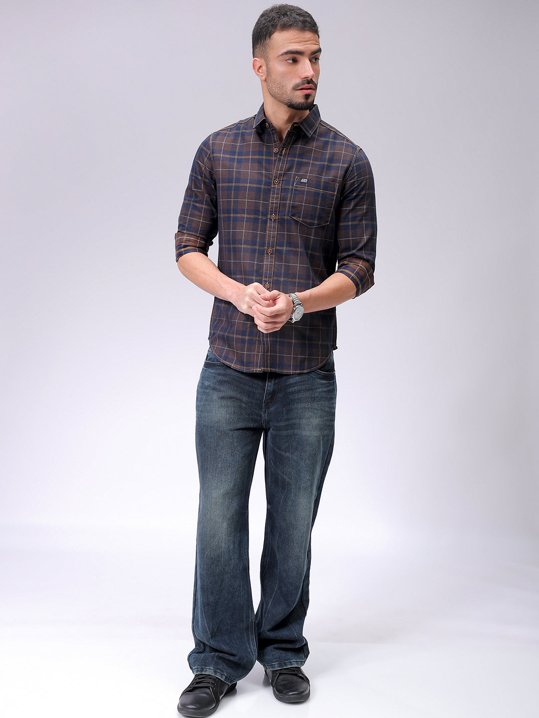 Men's Brown Slim Fit Checked Casual Shirt