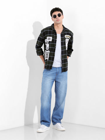 Men's Green Relaxed Fit Printed  Street Shirt