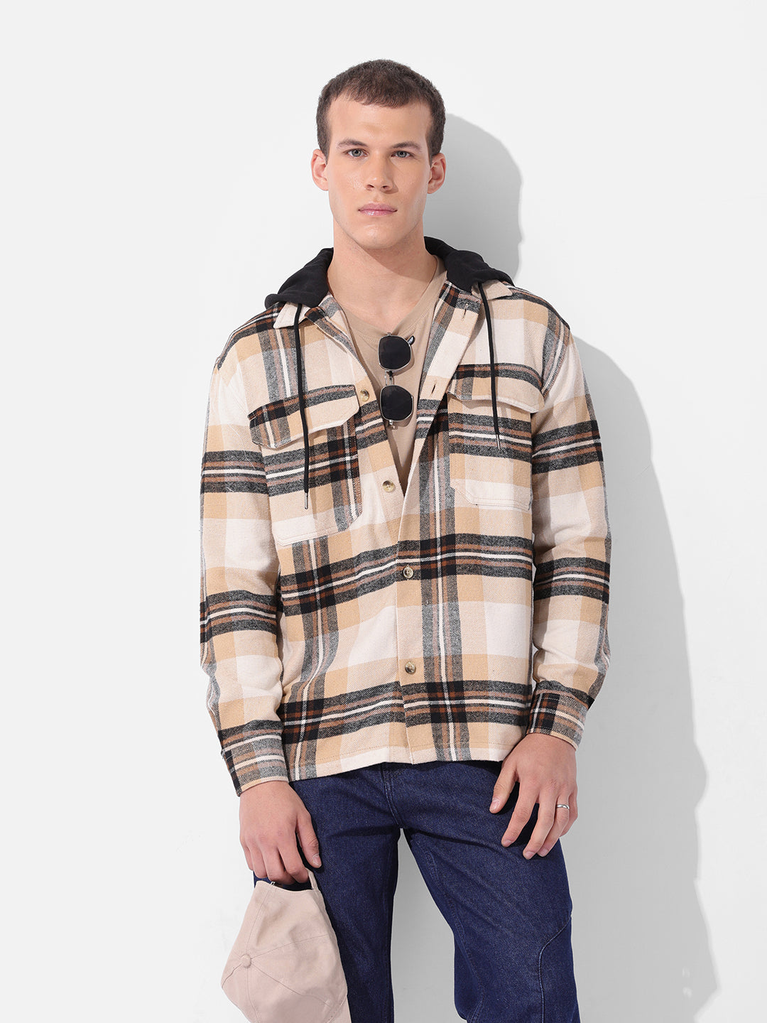 Men's Khaki Relaxed Fit Checked Casual Shirt