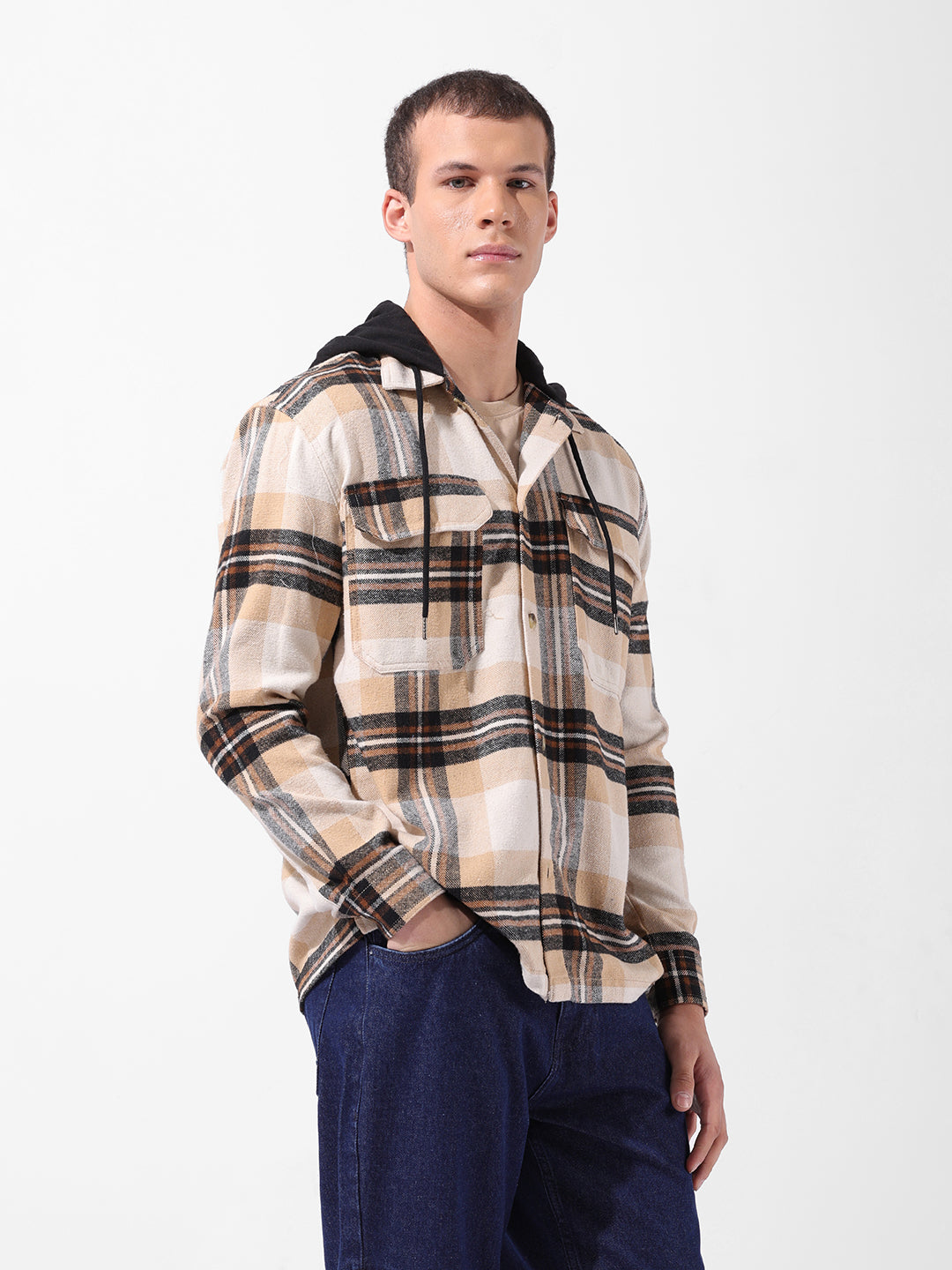 Men's Khaki Relaxed Fit Checked Casual Shirt