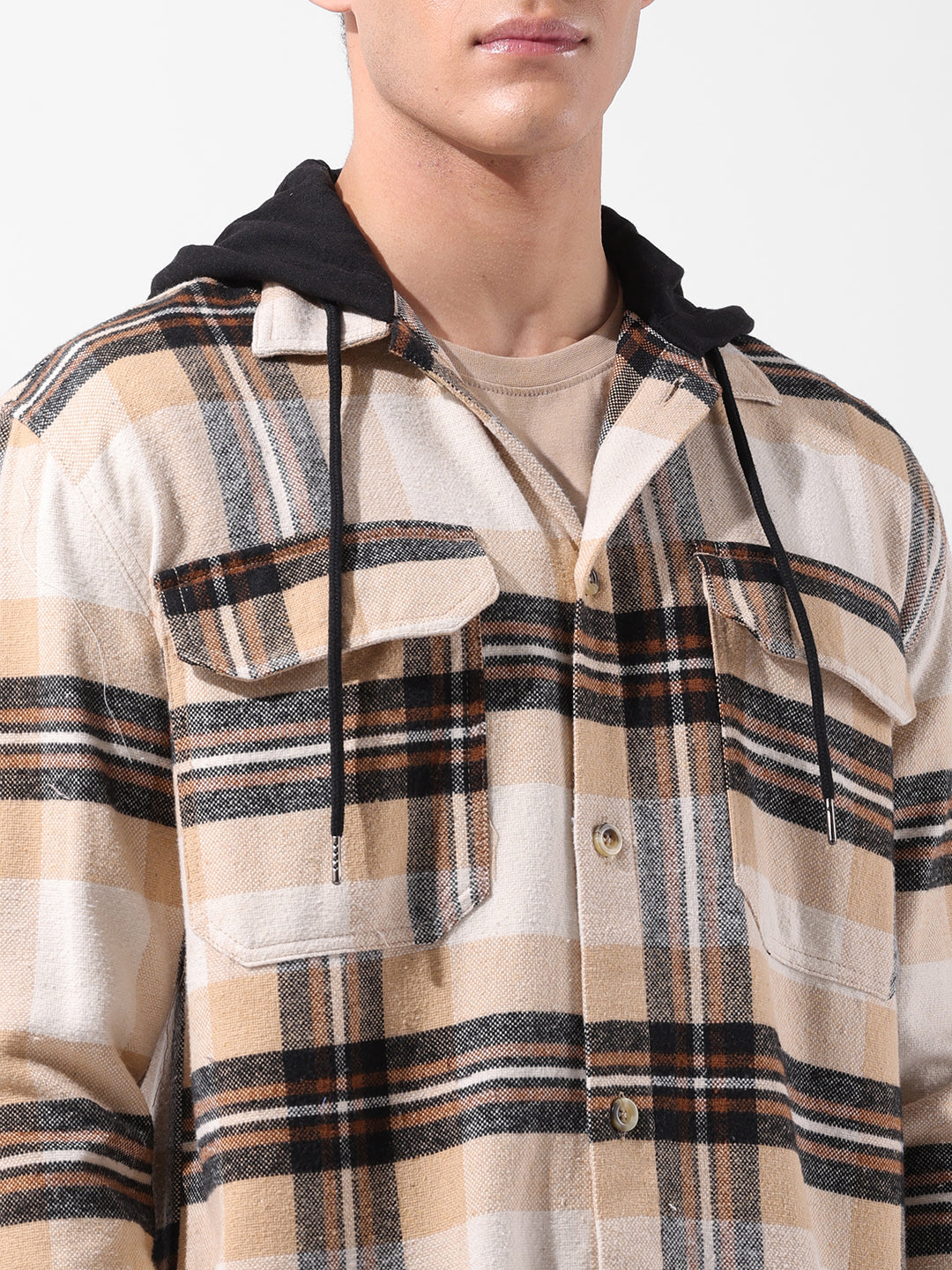 Men's Khaki Relaxed Fit Checked Casual Shirt