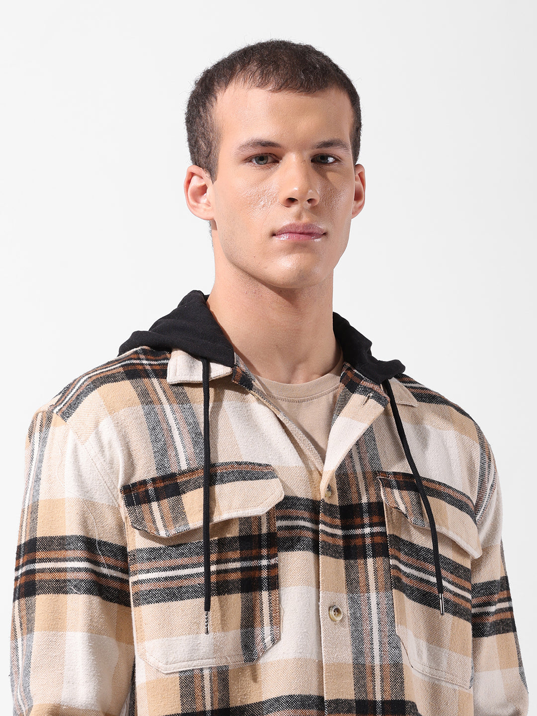 Men's Khaki Relaxed Fit Checked Casual Shirt