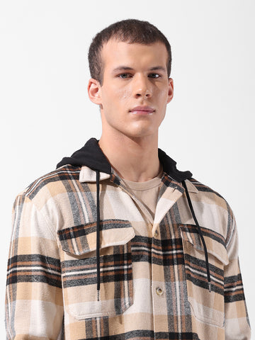 Men's Khaki Relaxed Fit Checked Casual Shirt