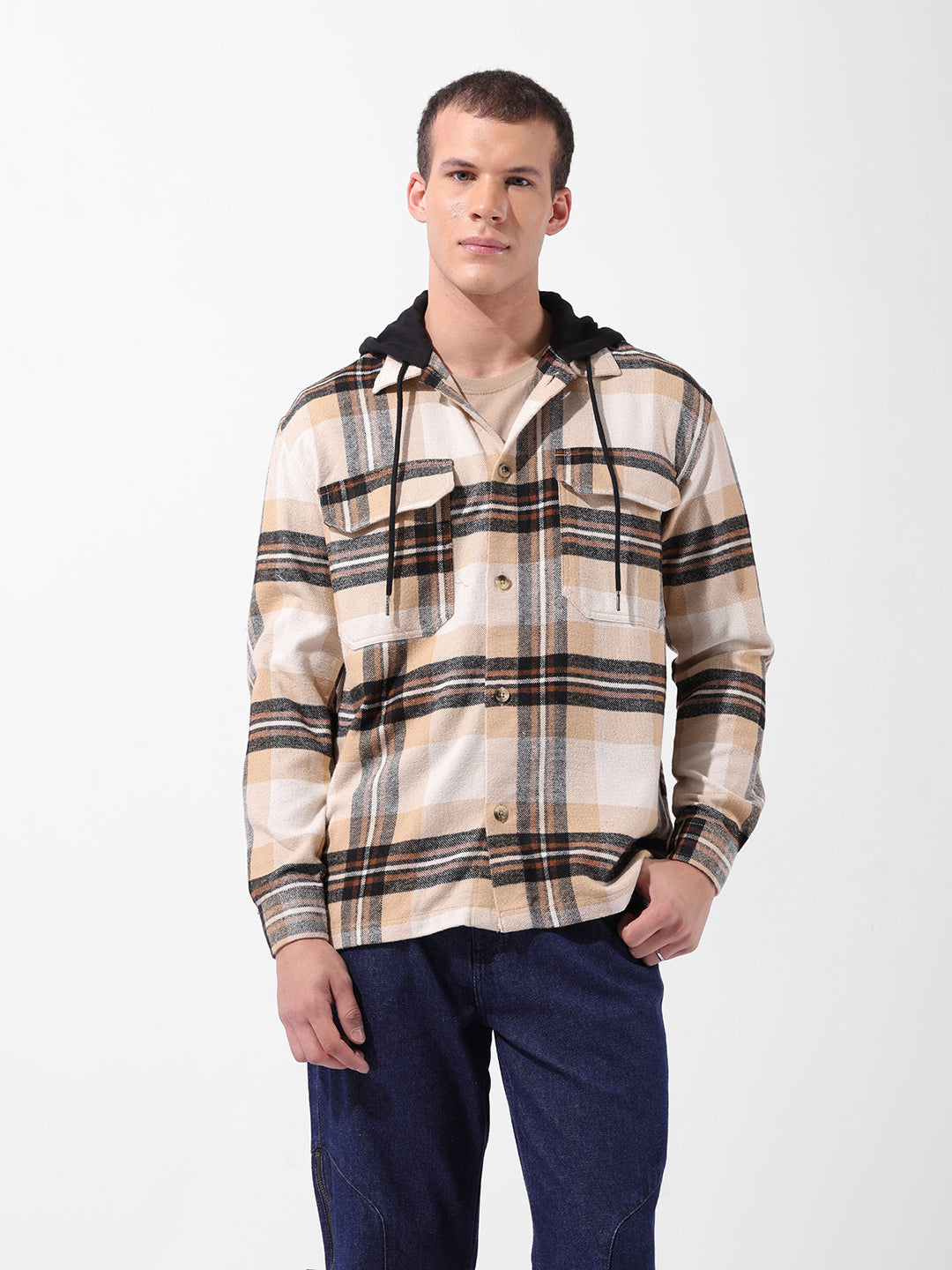 Men's Khaki Relaxed Fit Checked Casual Shirt