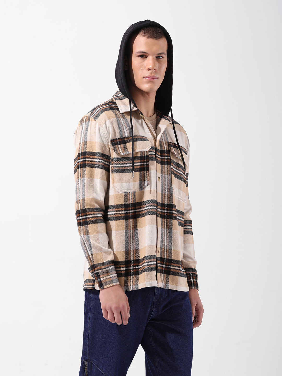 Men's Khaki Relaxed Fit Checked Casual Shirt