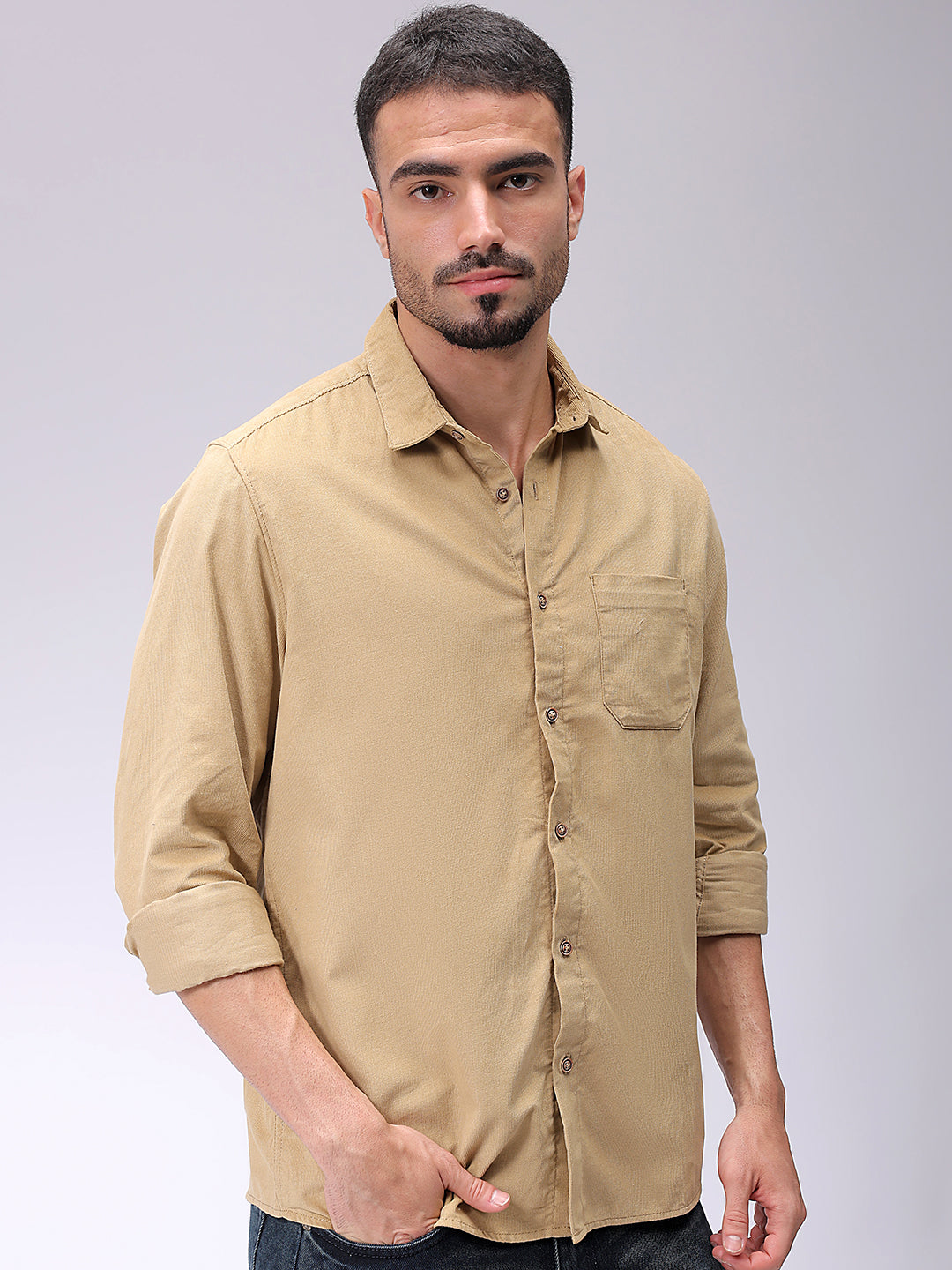 Men's Beige Regular Fit Solid Casual Shirt