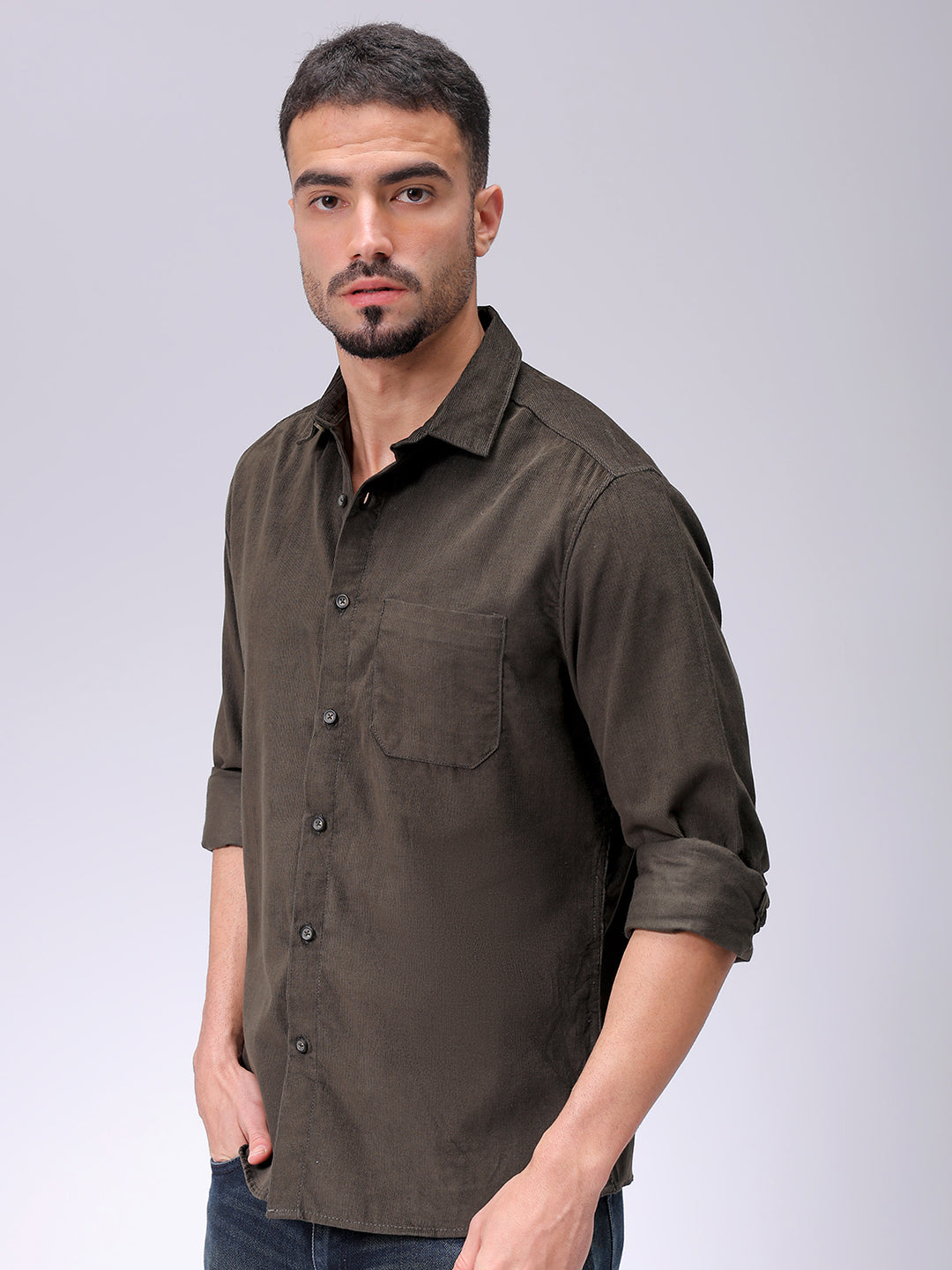 Men's Olive Regular Fit Solid Casual Shirt