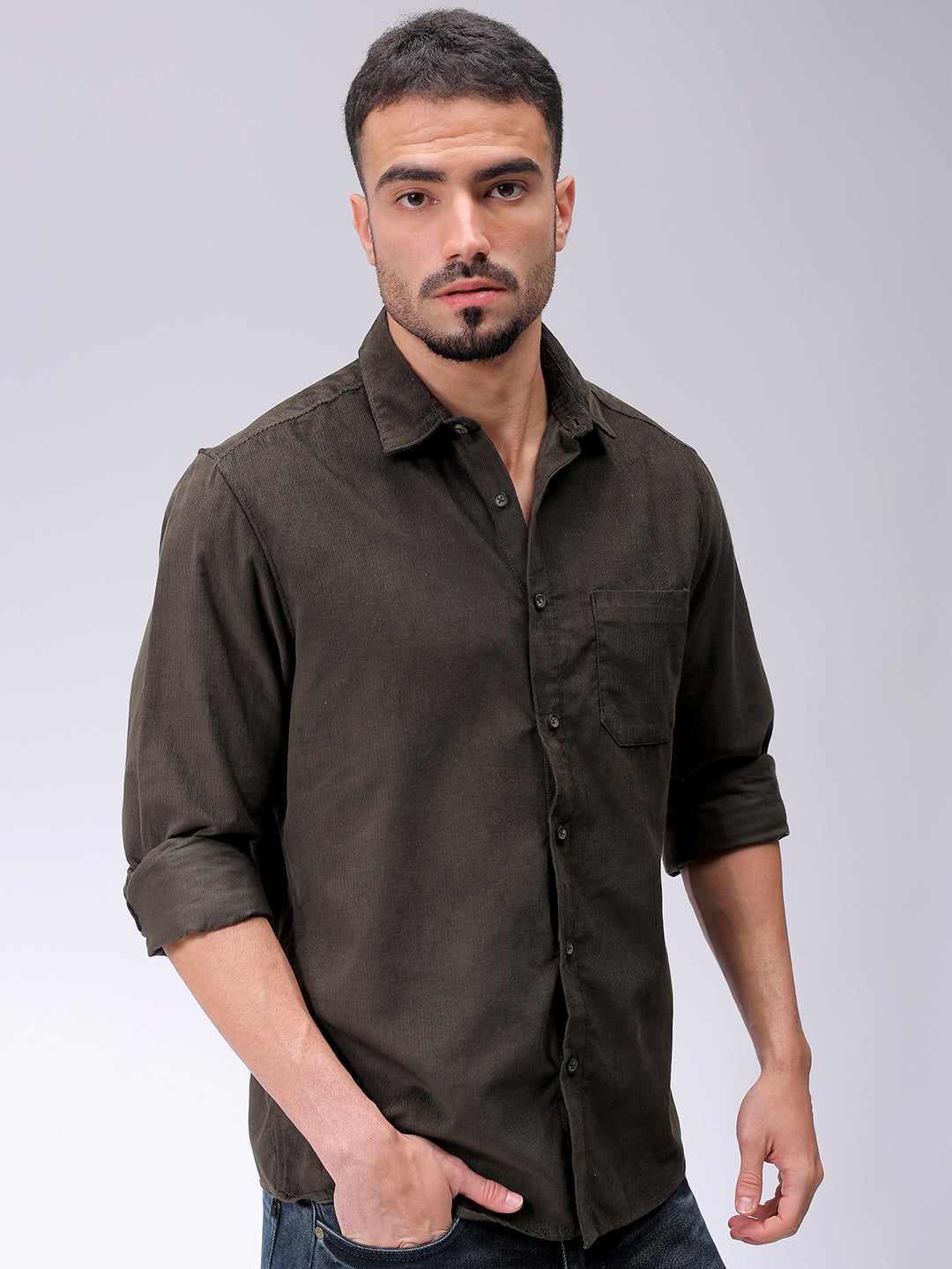 Men's Olive Regular Fit Solid Casual Shirt