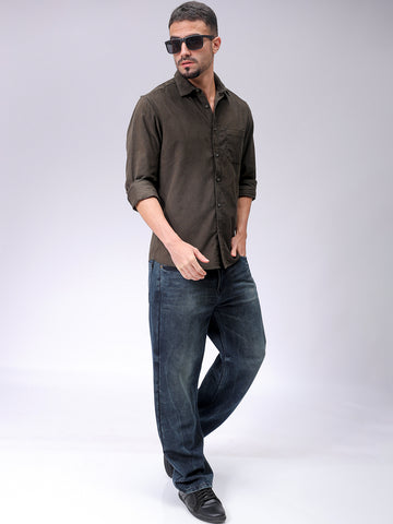 Men's Olive Regular Fit Solid Casual Shirt