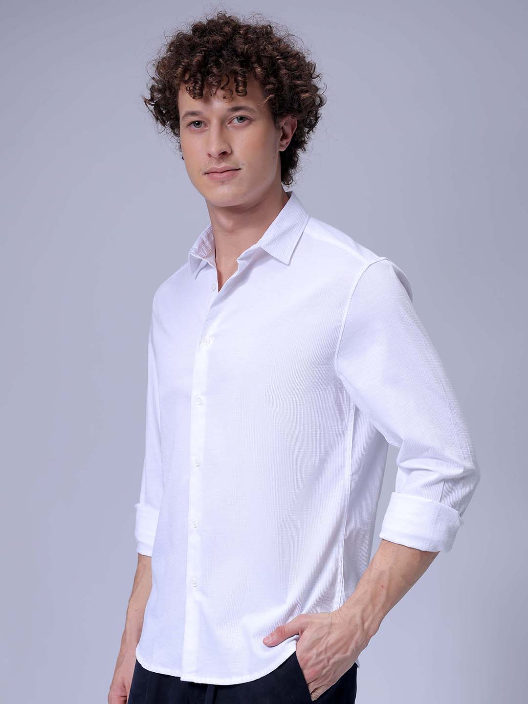 Men's White Slim Fit Solid Textured Shirt