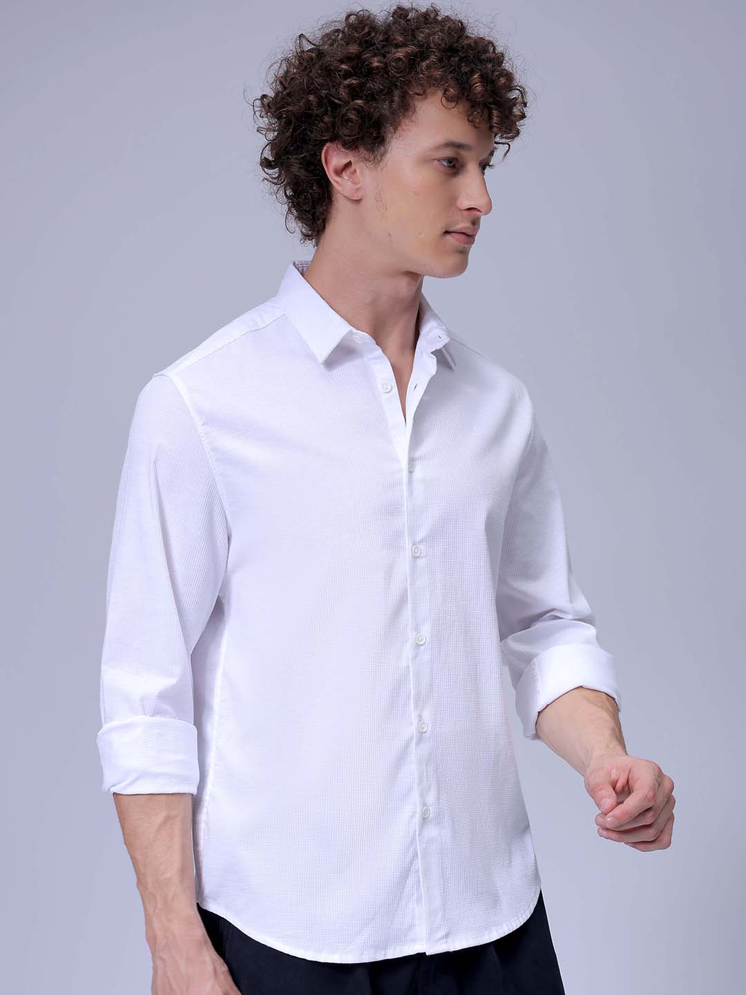 Men's White Slim Fit Solid Textured Shirt