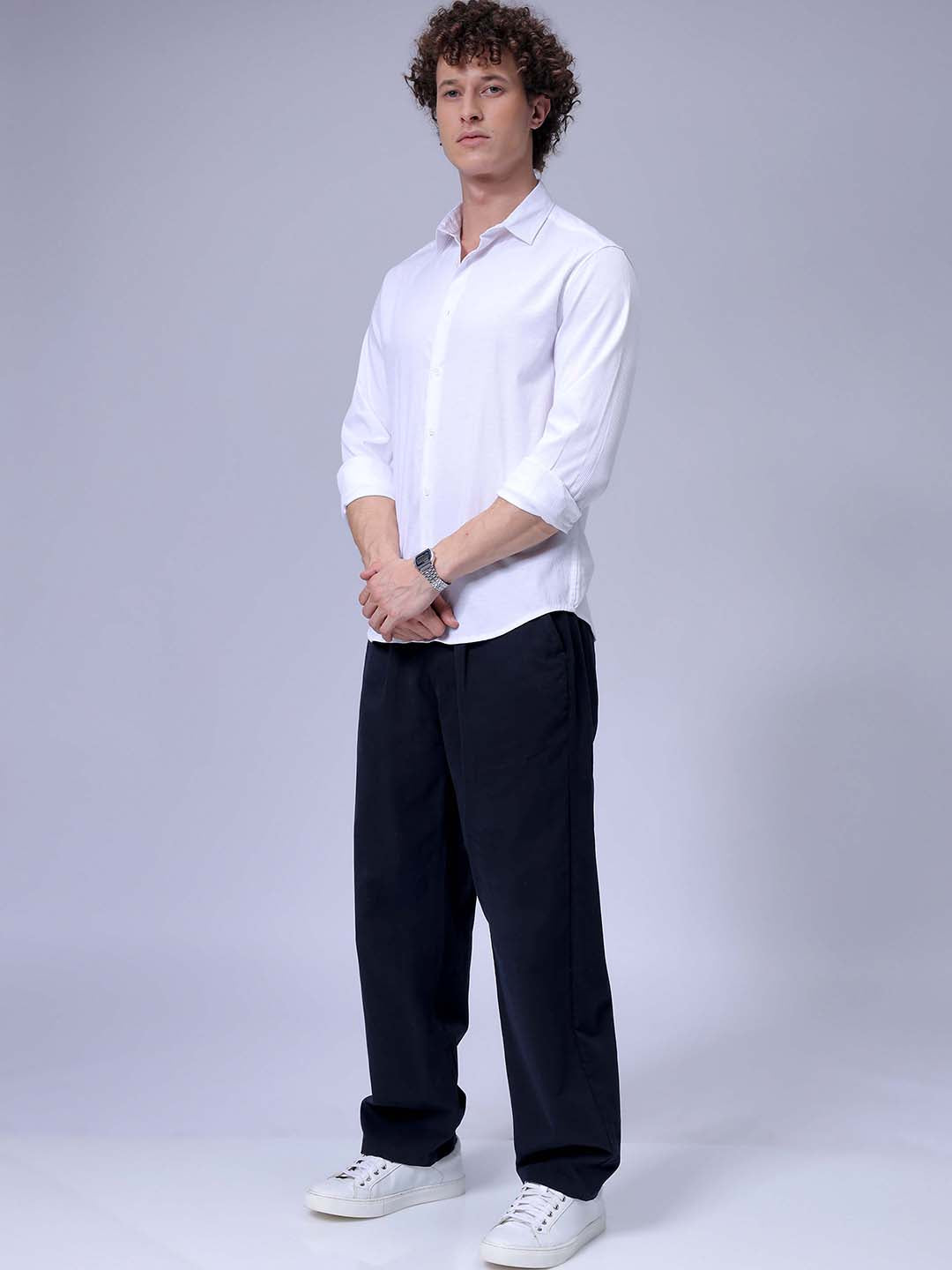 Men's White Slim Fit Solid Textured Shirt