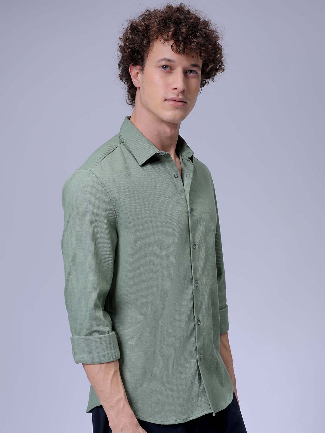 Men's Olive Slim Fit Solid Textured Shirt